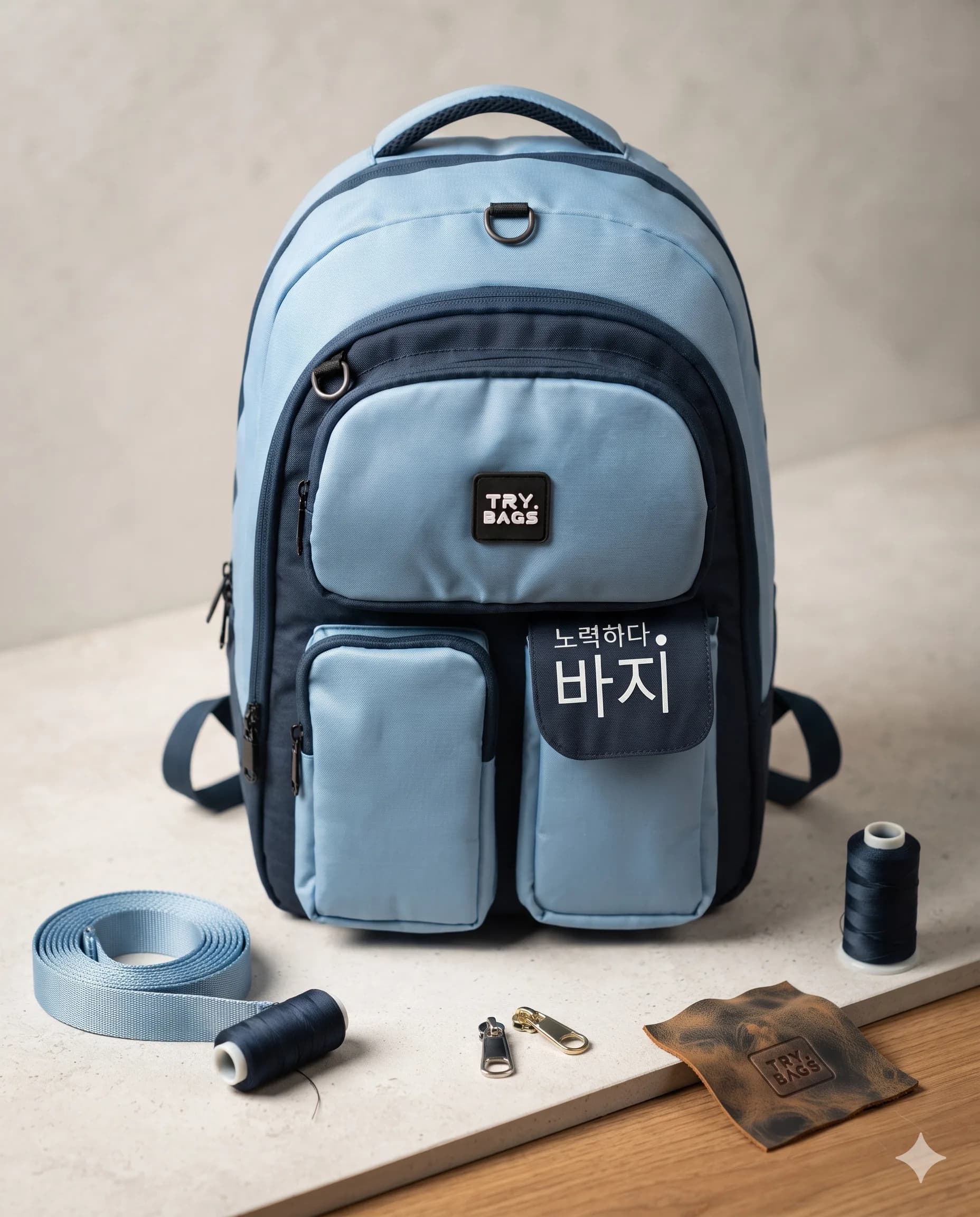 TRY BAGS Sky Blue & Navy Blue Multi-Pocket Backpack
