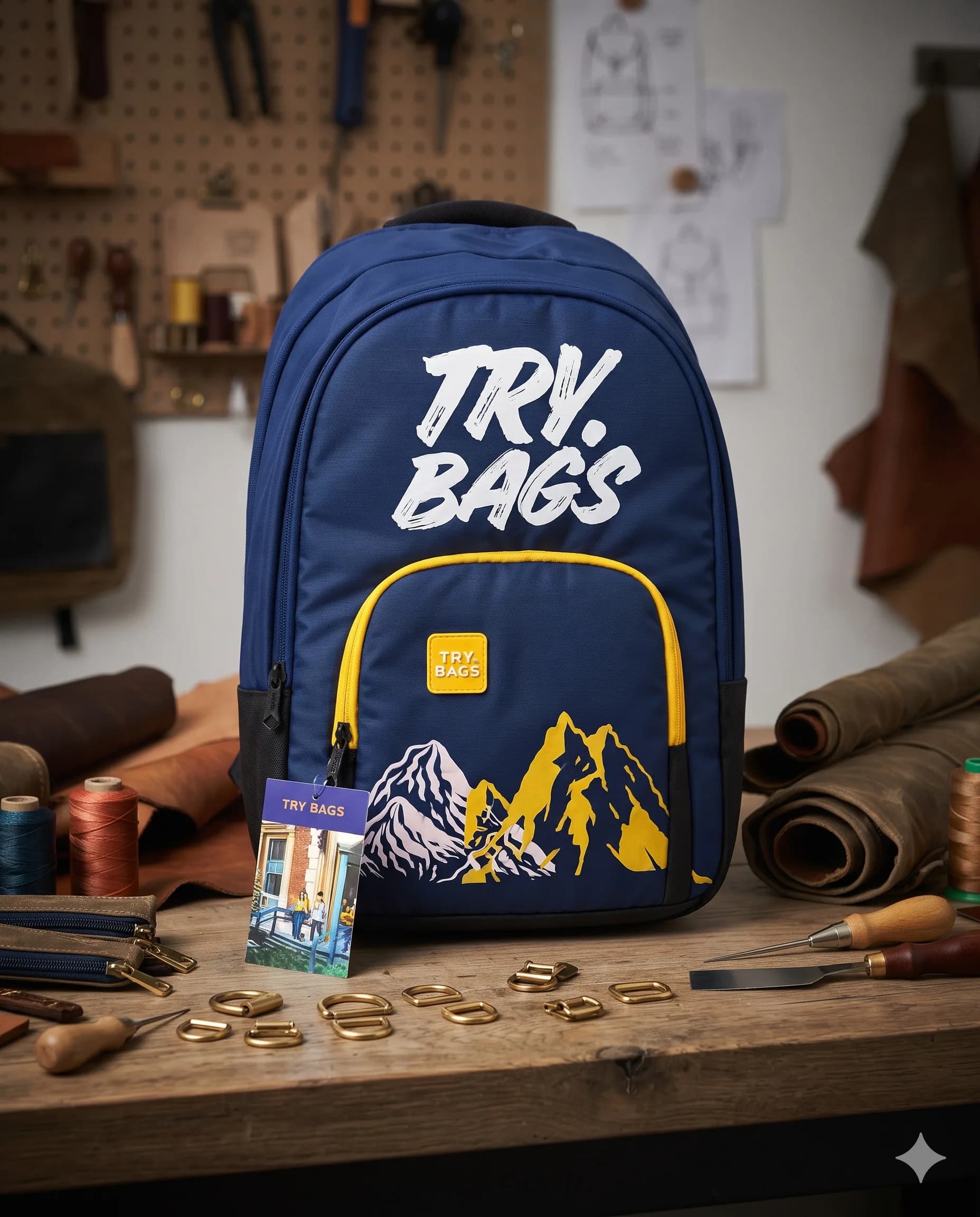 TRY BAGS Navy Blue Mountain Print School Backpack